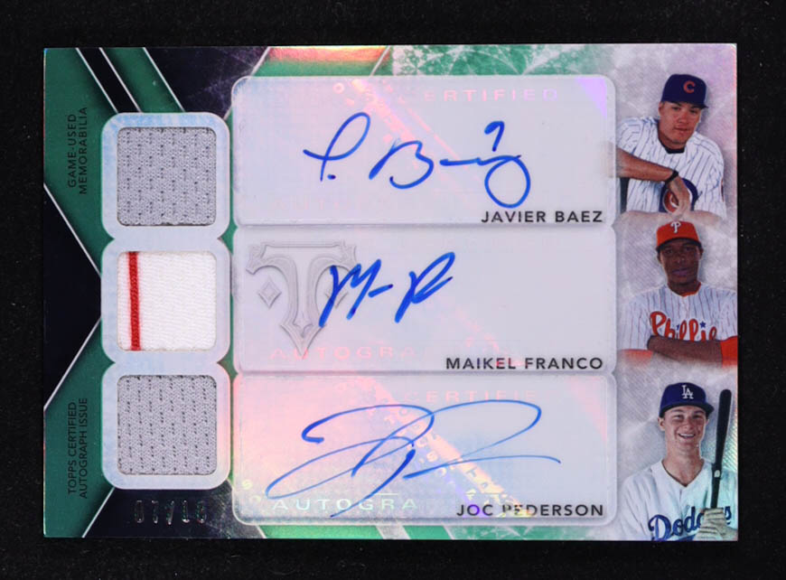 Javier Baez / Maikel Franco / Joc Pederson 2015 Topps Triple Threads Autograph Relic Combos Emerald #TTARCBFP #07/18 at PristineAuction.com Javier Baez / Maikel Franco / Joc Pederson 2015 Topps Triple Threads Autograph Relic Combos Emerald #TTARCBFP #07/18 at PristineAuction.com