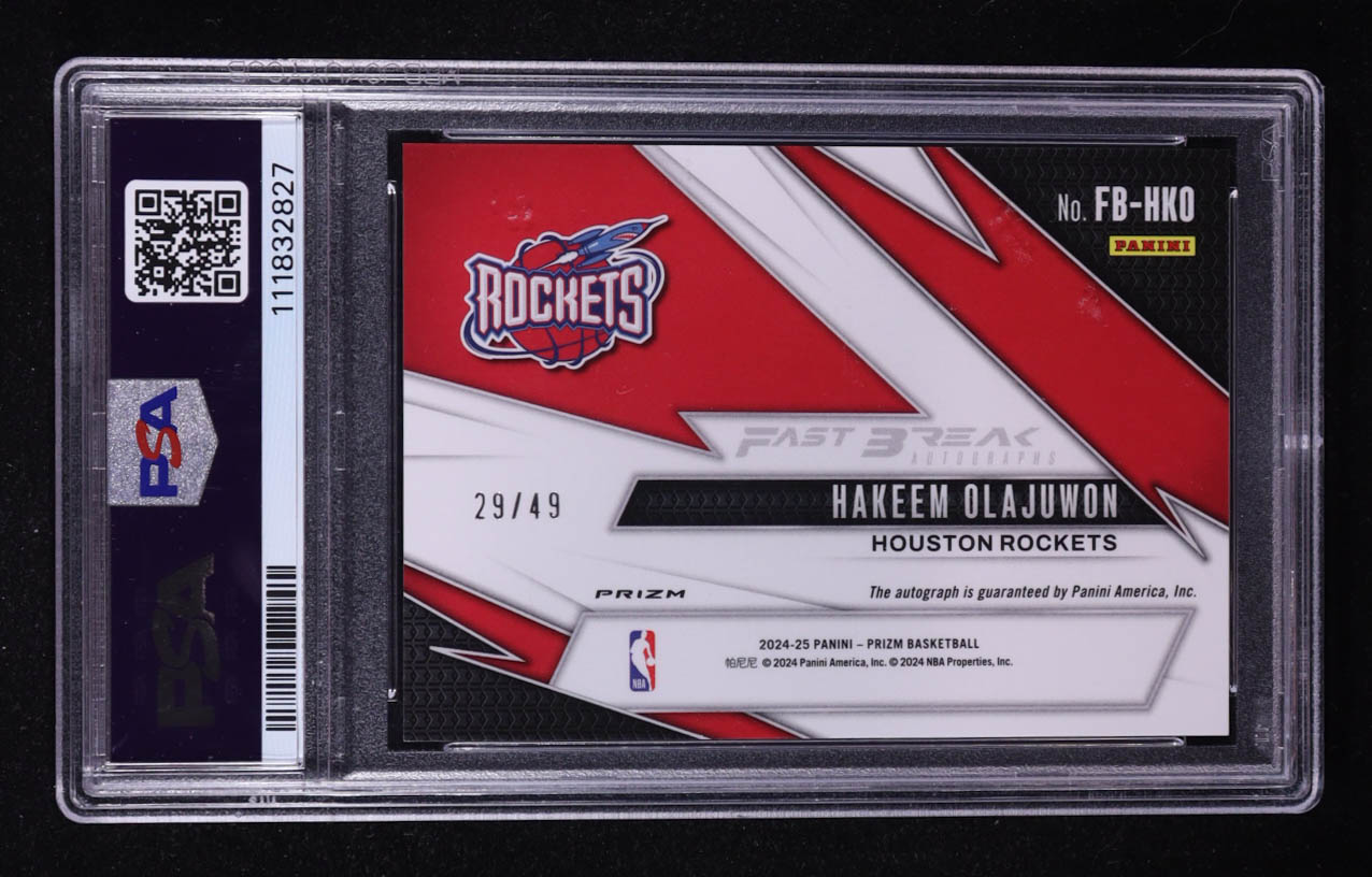 Hakeem Olajuwon 2024-25 Panini Prizm Fast Break Autographs Blue #45 #29/49 (PSA 10) at PristineAuction.com Hakeem Olajuwon 2024-25 Panini Prizm Fast Break Autographs Blue #45 #29/49 (PSA 10) at PristineAuction.com