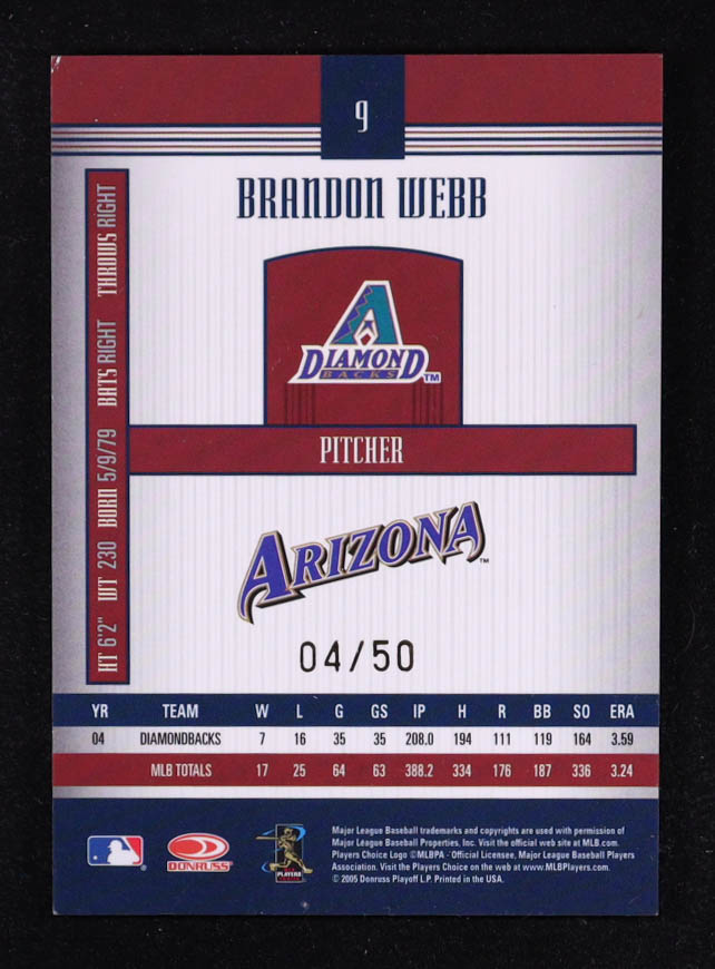 Brandon Webb 2005 Donruss Signature Series Autograph Silver #9 T5 #04/50 at PristineAuction.com Brandon Webb 2005 Donruss Signature Series Autograph Silver #9 T5 #04/50 at PristineAuction.com