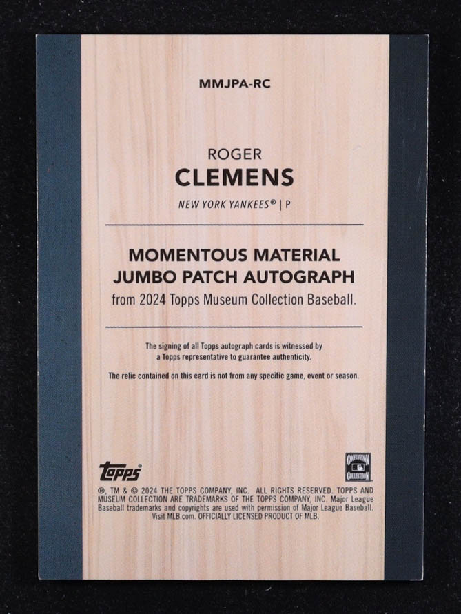 Roger Clemens 2024 Topps Museum Collection Momentous Material Jumbo Patch Autographs #MMJPARC #15/15 at PristineAuction.com Roger Clemens 2024 Topps Museum Collection Momentous Material Jumbo Patch Autographs #MMJPARC #15/15 at PristineAuction.com
