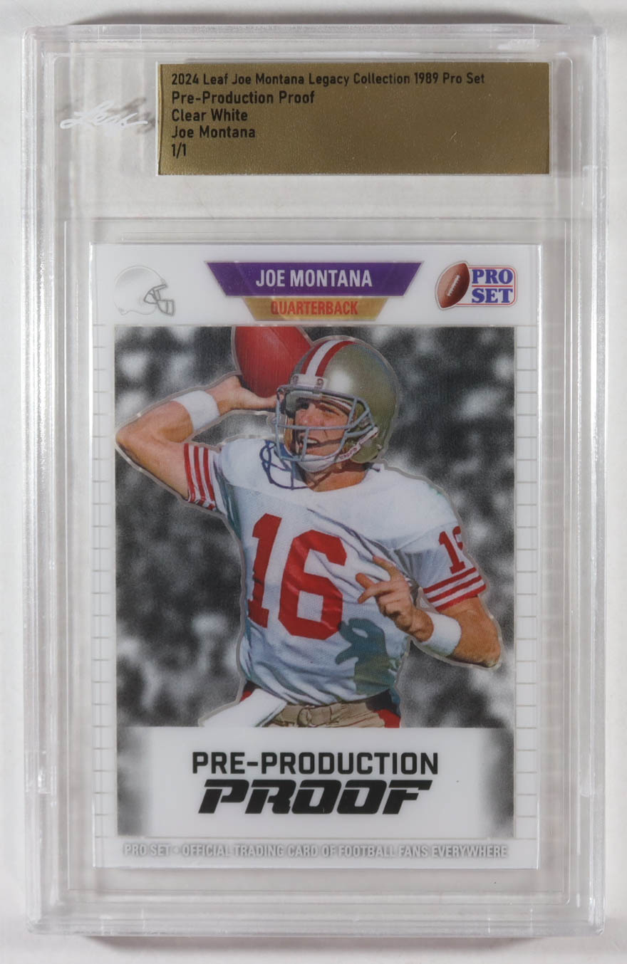 Joe Montana 2024 Leaf Joe Montana Legacy 1989 Pro Set Pre-Production Proof Clear White #NNO #1/1 (Leaf) at PristineAuction.com Joe Montana 2024 Leaf Joe Montana Legacy 1989 Pro Set Pre-Production Proof Clear White #NNO #1/1 (Leaf) at PristineAuction.com