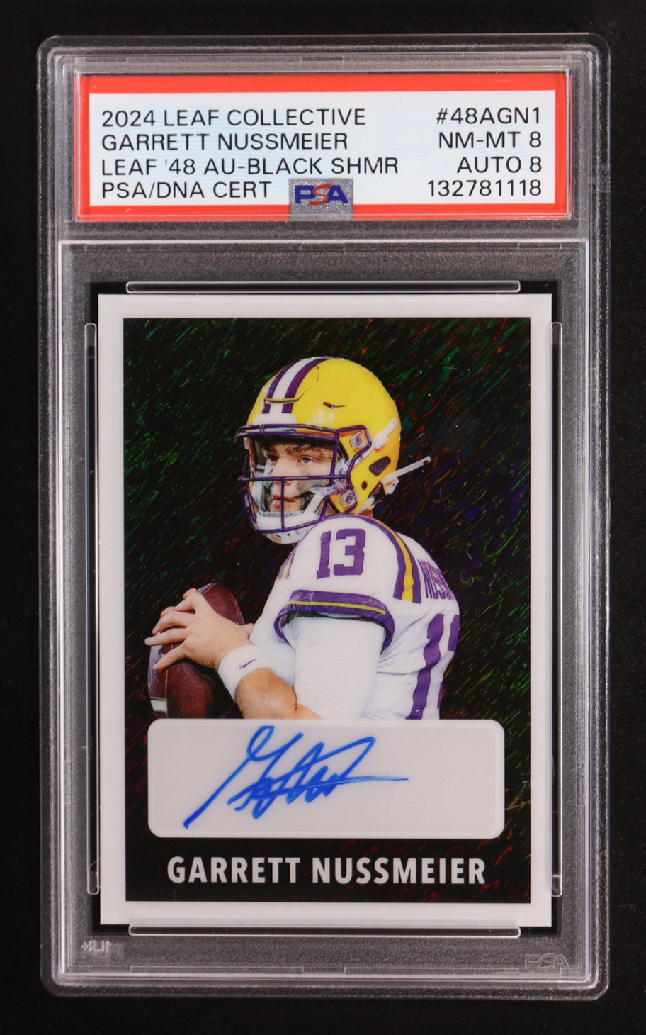 Garrett Nussmeier 2024 Leaf Metal Collective 1948 Black Shimmer Auto #48A-GN1 RC #6/6 (PSA 8 | Autograph Graded PSA 8) at PristineAuction.com Garrett Nussmeier 2024 Leaf Metal Collective 1948 Black Shimmer Auto #48A-GN1 RC #6/6 (PSA 8 | Autograph Graded PSA 8) at PristineAuction.com