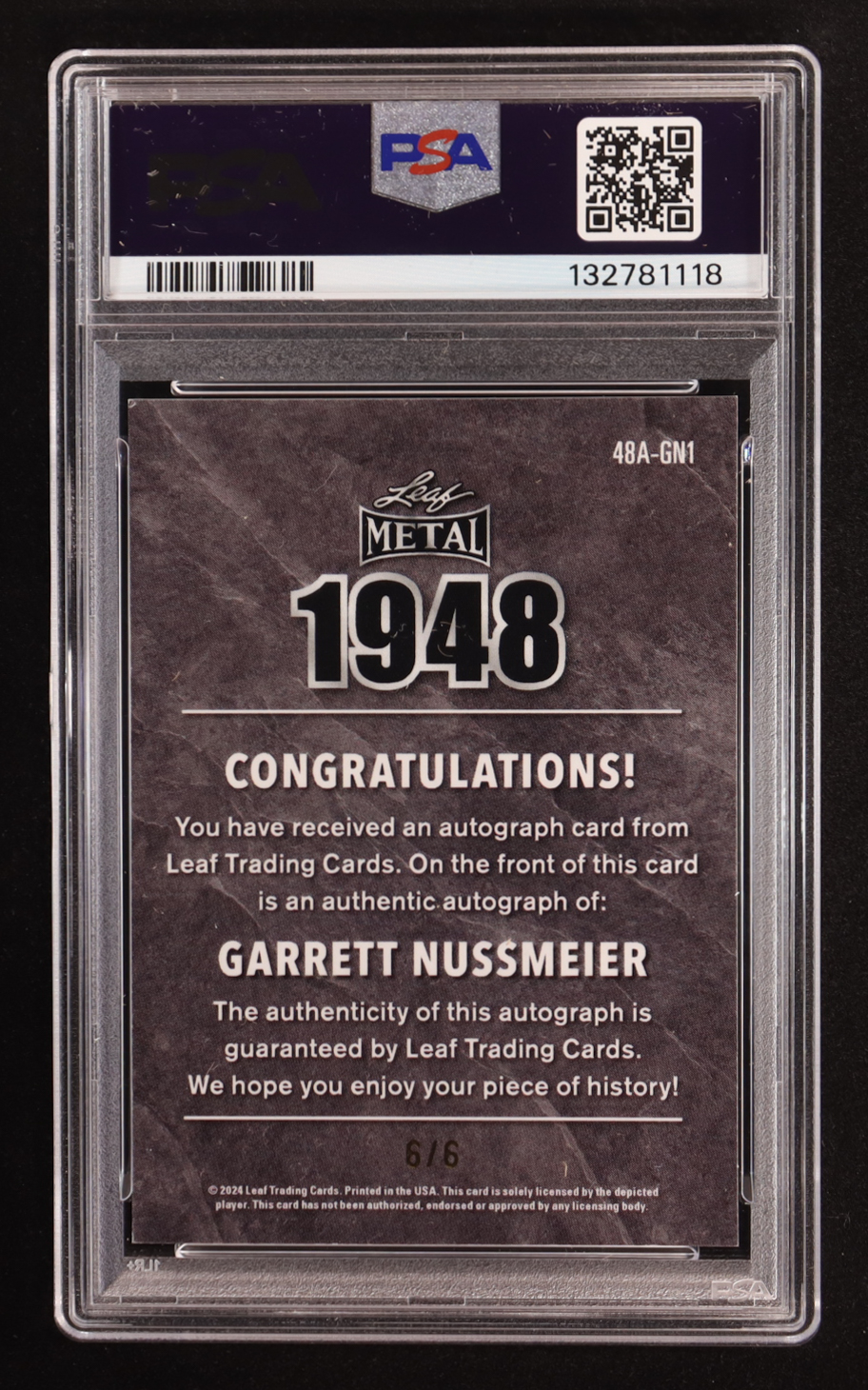 Garrett Nussmeier 2024 Leaf Metal Collective 1948 Black Shimmer Auto #48A-GN1 RC #6/6 (PSA 8 | Autograph Graded PSA 8) at PristineAuction.com Garrett Nussmeier 2024 Leaf Metal Collective 1948 Black Shimmer Auto #48A-GN1 RC #6/6 (PSA 8 | Autograph Graded PSA 8) at PristineAuction.com