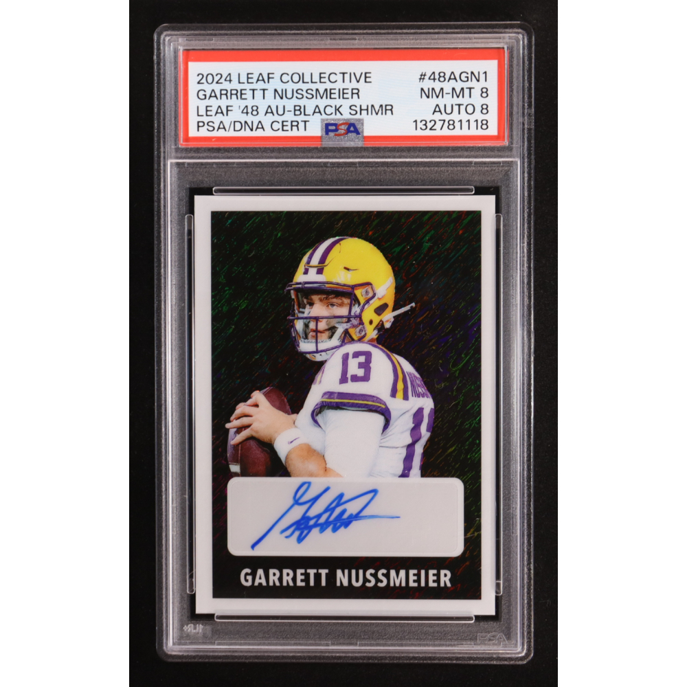 Garrett Nussmeier 2024 Leaf Metal Collective 1948 Black Shimmer Auto #48A-GN1 RC #6/6 (PSA 8 | Autograph Graded PSA 8) at PristineAuction.com