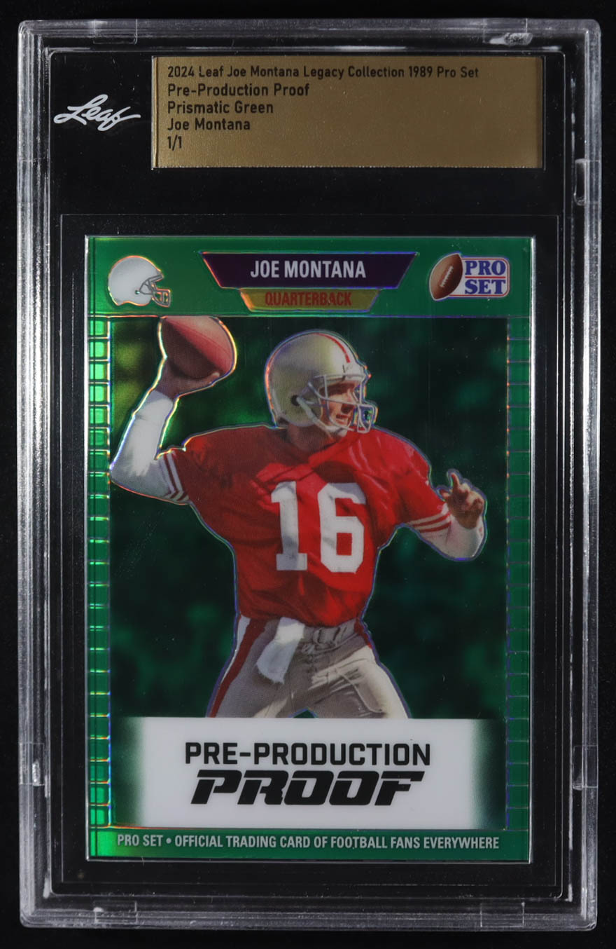 Joe Montana 2024 Leaf Joe Montana Legacy 1989 Pro Set Pre-Production Proof Prismatic Green #NNO #1/1 (Leaf) at PristineAuction.com Joe Montana 2024 Leaf Joe Montana Legacy 1989 Pro Set Pre-Production Proof Prismatic Green #NNO #1/1 (Leaf) at PristineAuction.com