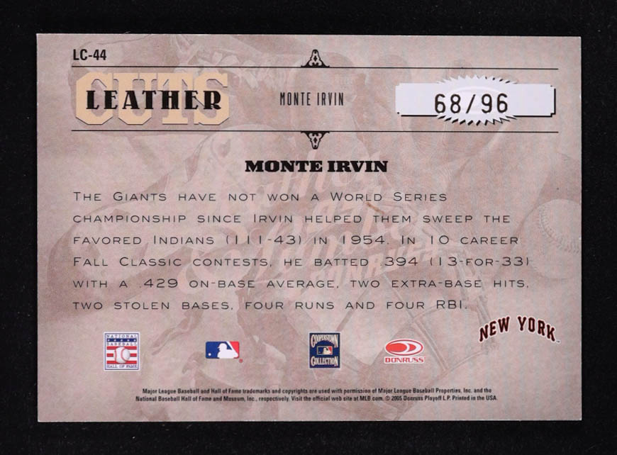 Monte Irvin 2005 Leather and Lumber Leather Cuts #44 #68/96 at PristineAuction.com Monte Irvin 2005 Leather and Lumber Leather Cuts #44 #68/96 at PristineAuction.com