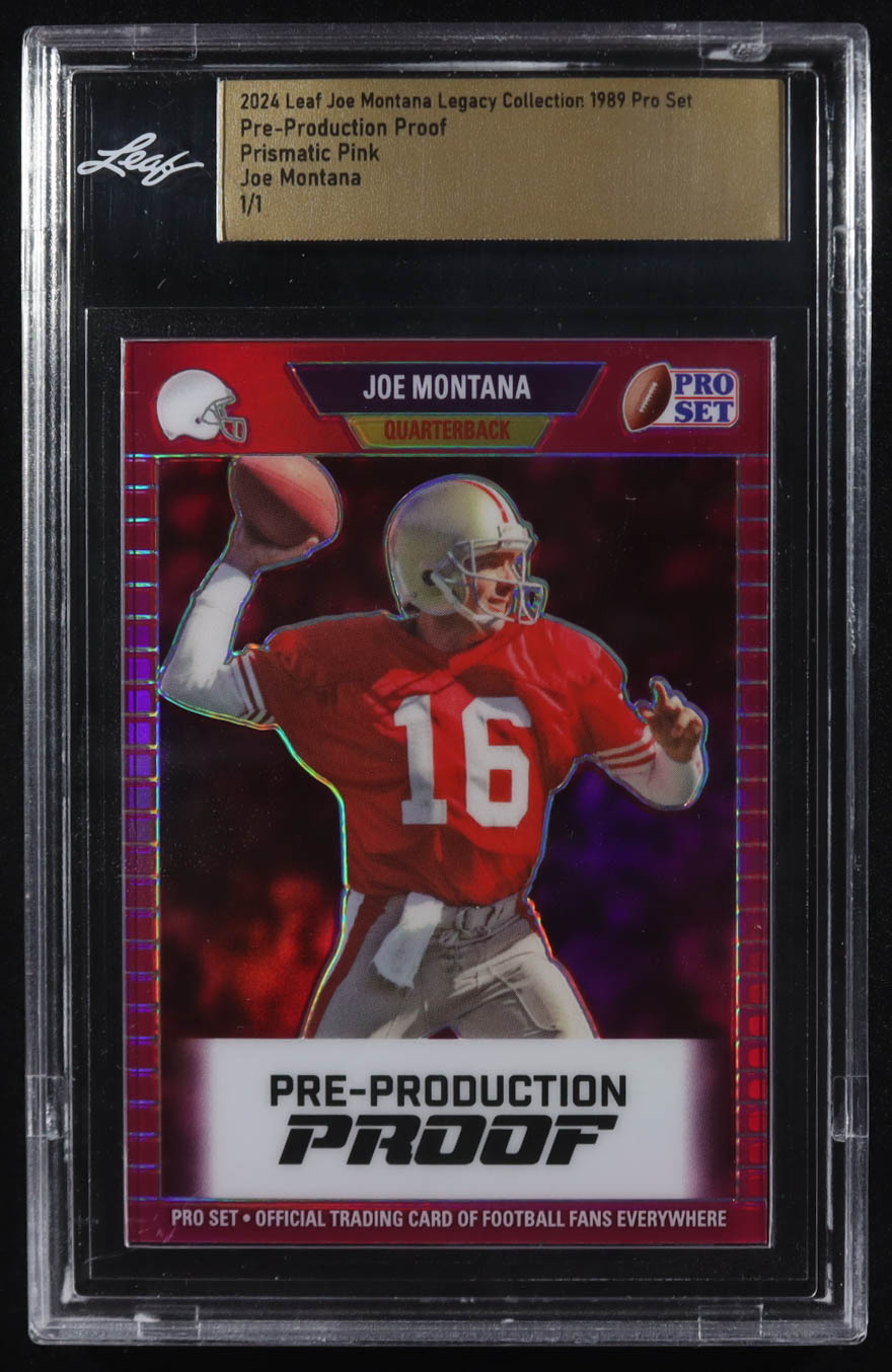 Joe Montana 2024 Leaf Joe Montana Legacy 1989 Pro Set Pre-Production Proof Prismatic Pink #NNO #1/1 (Leaf) at PristineAuction.com Joe Montana 2024 Leaf Joe Montana Legacy 1989 Pro Set Pre-Production Proof Prismatic Pink #NNO #1/1 (Leaf) at PristineAuction.com