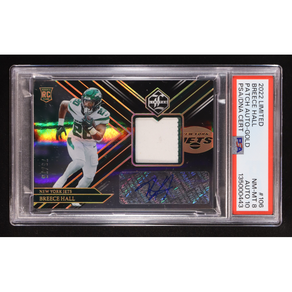 Breece Hall 2022 Panini Limited Patch Gold Auto #106 RC #75/75 (PSA 8 | Autograph Graded PSA 10) at PristineAuction.com