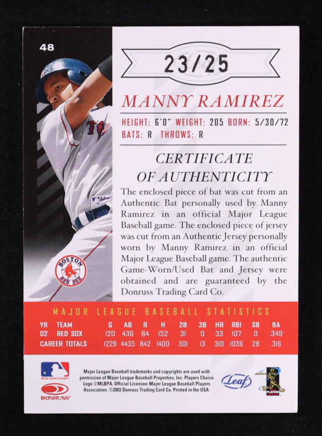 Manny Ramirez 2003 Leaf Limited TNT Prime #48 H Bat-Jersey #23/25 at PristineAuction.com Manny Ramirez 2003 Leaf Limited TNT Prime #48 H Bat-Jersey #23/25 at PristineAuction.com