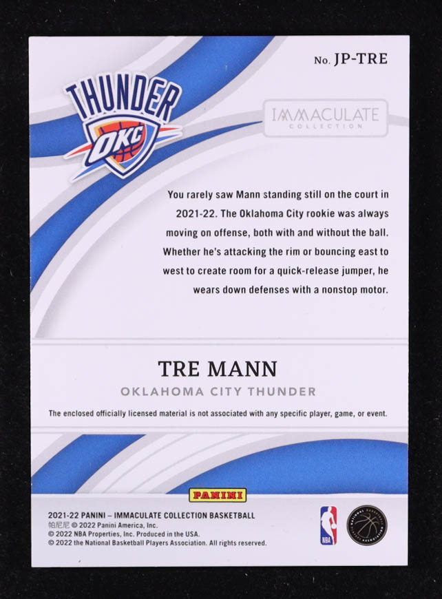 Tre Mann 2021-22 Immaculate Collection Jumbo Patches Jersey Number #18 RC #01/50 at PristineAuction.com Tre Mann 2021-22 Immaculate Collection Jumbo Patches Jersey Number #18 RC #01/50 at PristineAuction.com