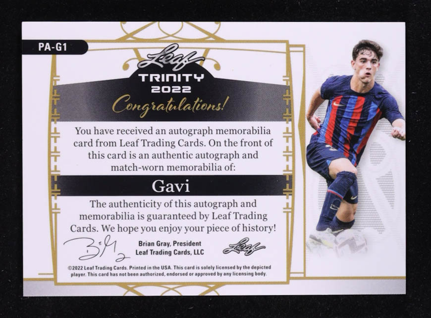 Gavi 2022 Leaf Trinity Match Worn Patch Autographs Gold Spectrum Black Foil #PAG1 #1/1 at PristineAuction.com Gavi 2022 Leaf Trinity Match Worn Patch Autographs Gold Spectrum Black Foil #PAG1 #1/1 at PristineAuction.com