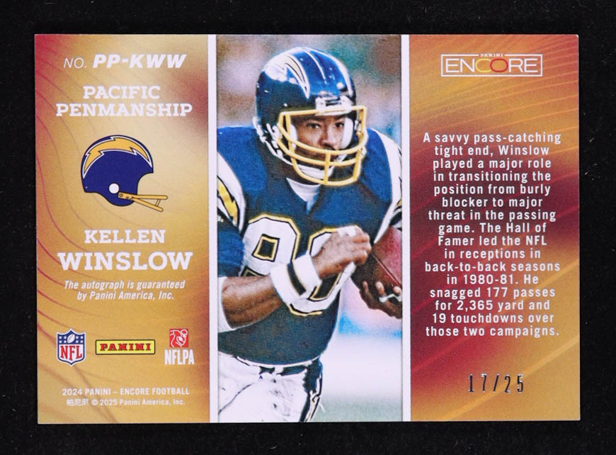 Kellen Winslow 2024 Panini Encore Pacific Penmanship Blue #16 #17/25 at PristineAuction.com Kellen Winslow 2024 Panini Encore Pacific Penmanship Blue #16 #17/25 at PristineAuction.com