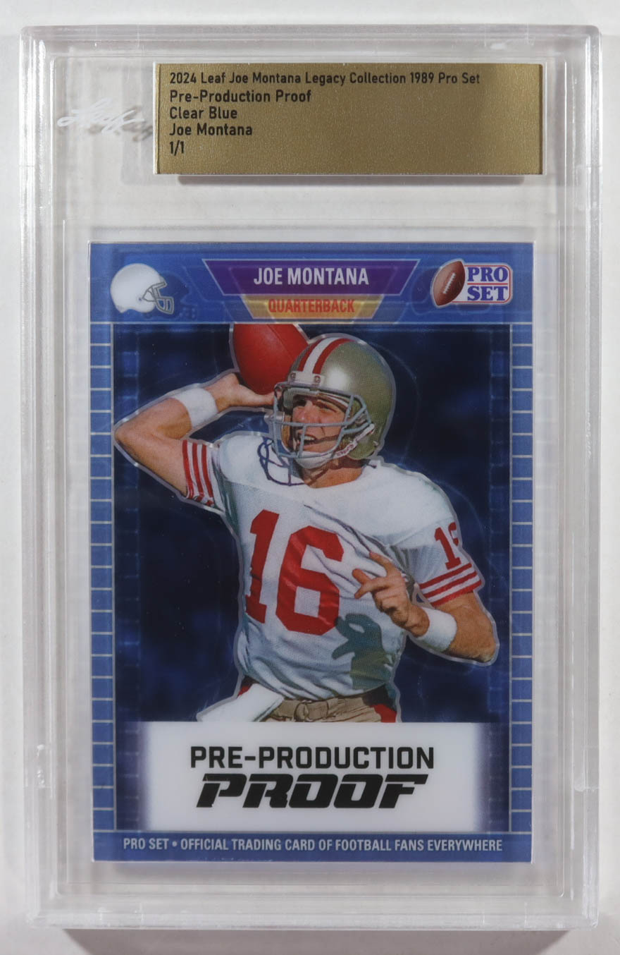 Joe Montana 2024 Leaf Joe Montana Legacy 1989 Pro Set Pre-Production Proof Clear Blue #NNO #1/1 (Leaf) at PristineAuction.com Joe Montana 2024 Leaf Joe Montana Legacy 1989 Pro Set Pre-Production Proof Clear Blue #NNO #1/1 (Leaf) at PristineAuction.com