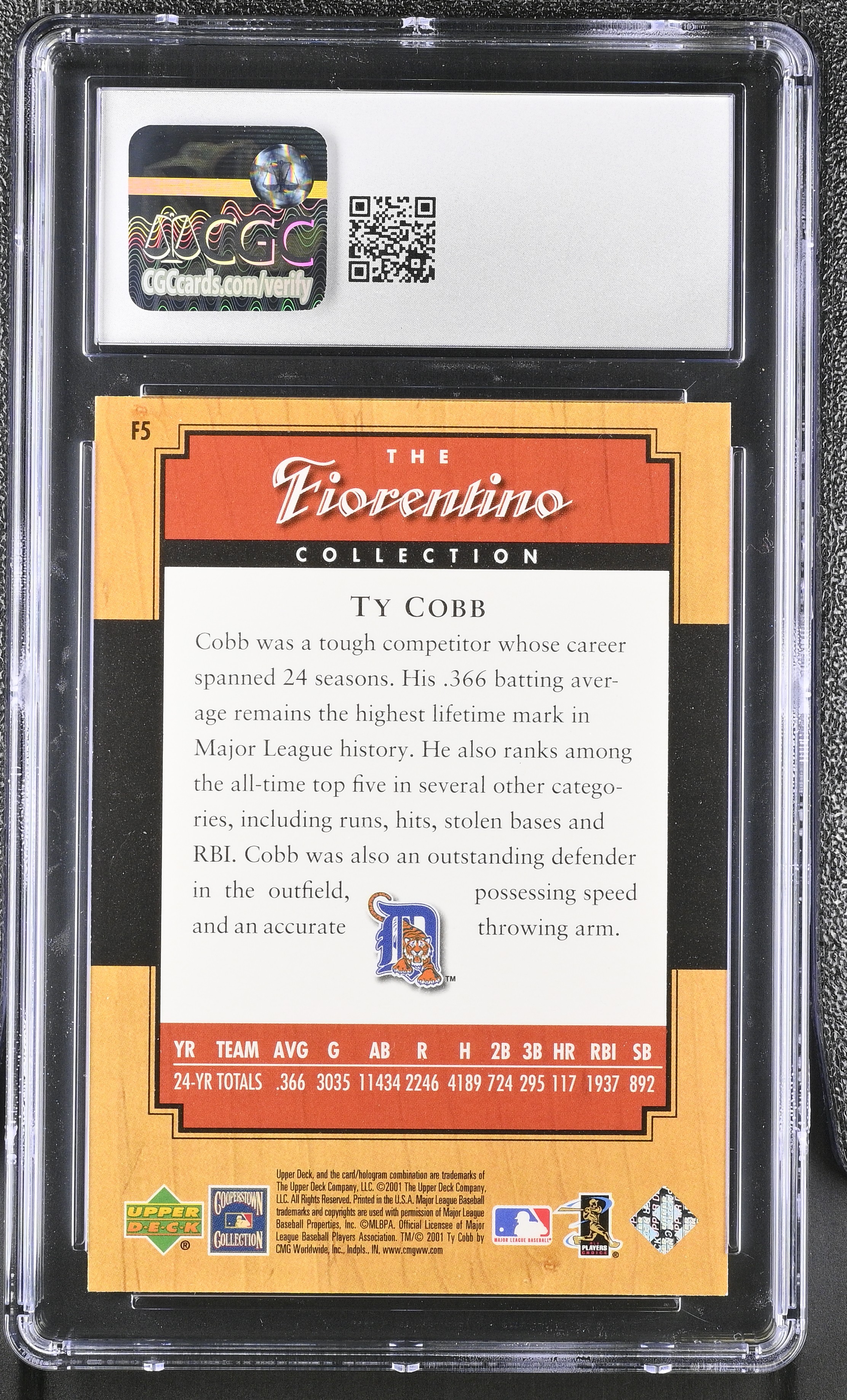 Ty Cobb 2001 Upper Deck Legends Fiorentino Collection #F5 (CGC 9) at PristineAuction.com Ty Cobb 2001 Upper Deck Legends Fiorentino Collection #F5 (CGC 9) at PristineAuction.com
