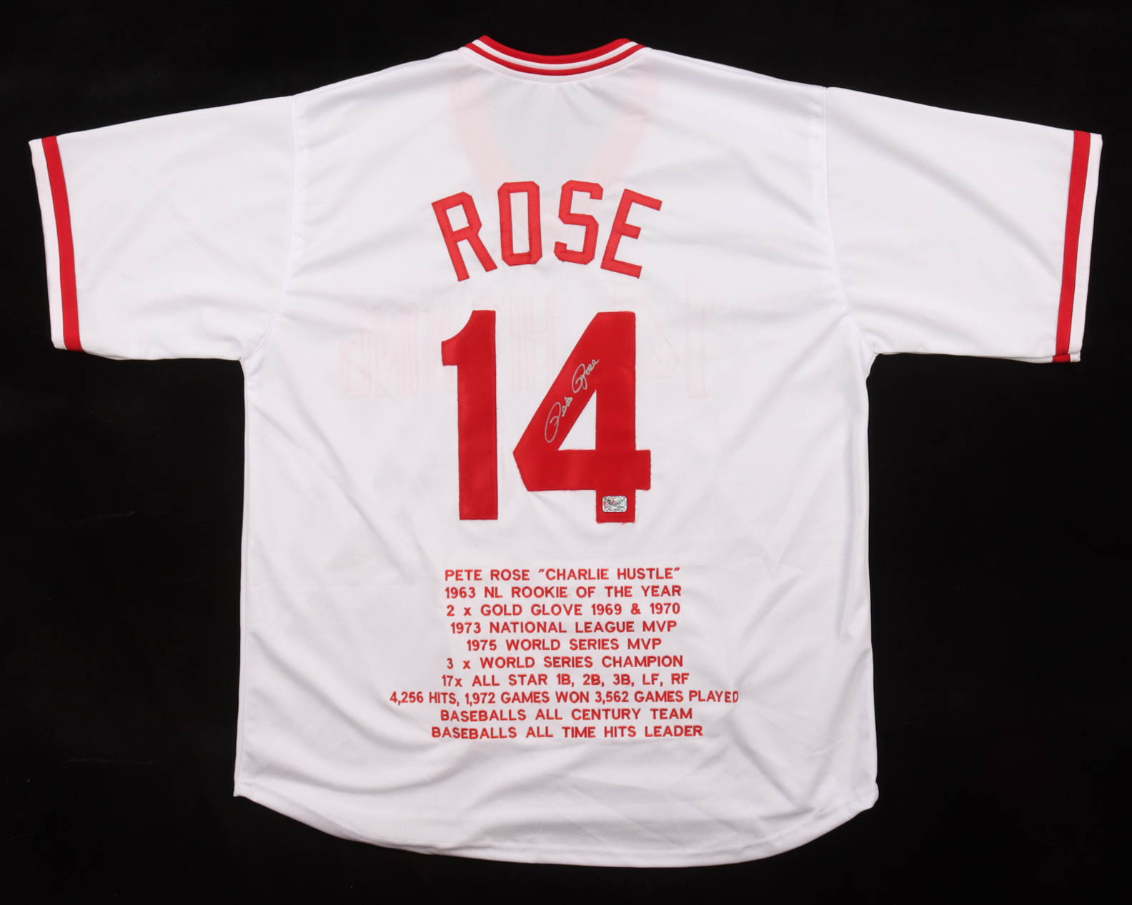 Pete Rose Signed Career Highlight Stat Jersey (Rose) at PristineAuction.com Pete Rose Signed Career Highlight Stat Jersey (Rose) at PristineAuction.com