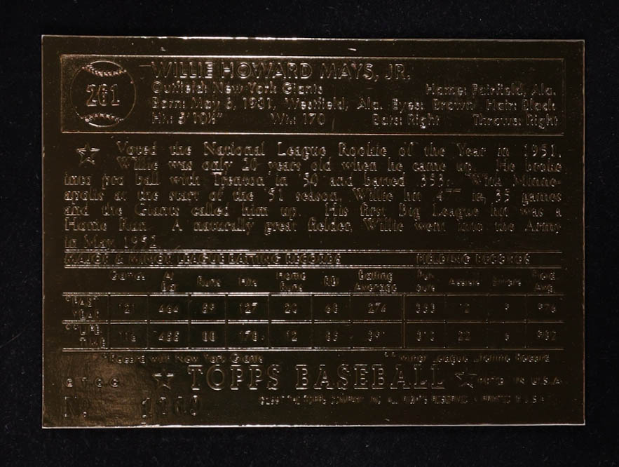 Willie Mays 1996 Topps 23k Gold Foil 1952 Reprints #261 at PristineAuction.com Willie Mays 1996 Topps 23k Gold Foil 1952 Reprints #261 at PristineAuction.com