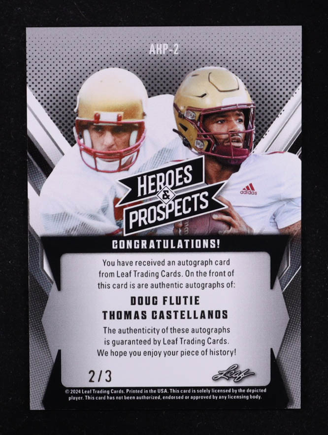 Doug Flutie / Thomas Castellanos 2024 Leaf Heroes & Prospects Autographs #AHP-2 at PristineAuction.com Doug Flutie / Thomas Castellanos 2024 Leaf Heroes & Prospects Autographs #AHP-2 at PristineAuction.com