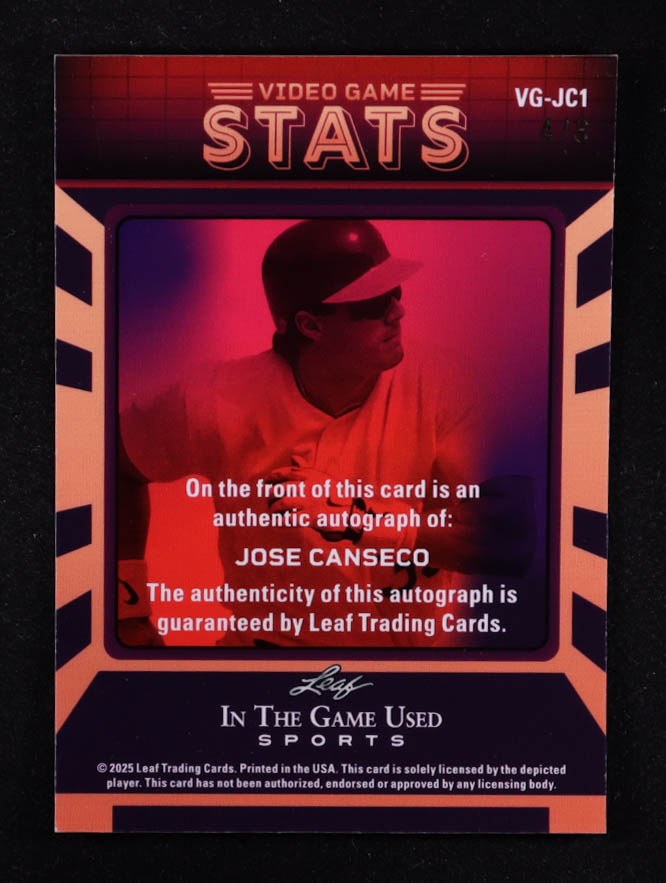 Jose Canseco 2025 Leaf ITG Used Sports Video Game Stats Auto #VG-JC1 #4/8 at PristineAuction.com Jose Canseco 2025 Leaf ITG Used Sports Video Game Stats Auto #VG-JC1 #4/8 at PristineAuction.com