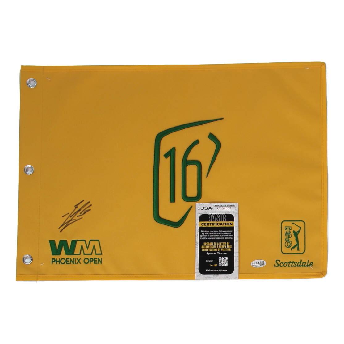 Bailey Zimmerman Signed 2026 Waste Management Open 16th Hole Golf Pin Flag (JSA) at PristineAuction.com Bailey Zimmerman Signed 2026 Waste Management Open 16th Hole Golf Pin Flag (JSA) at PristineAuction.com