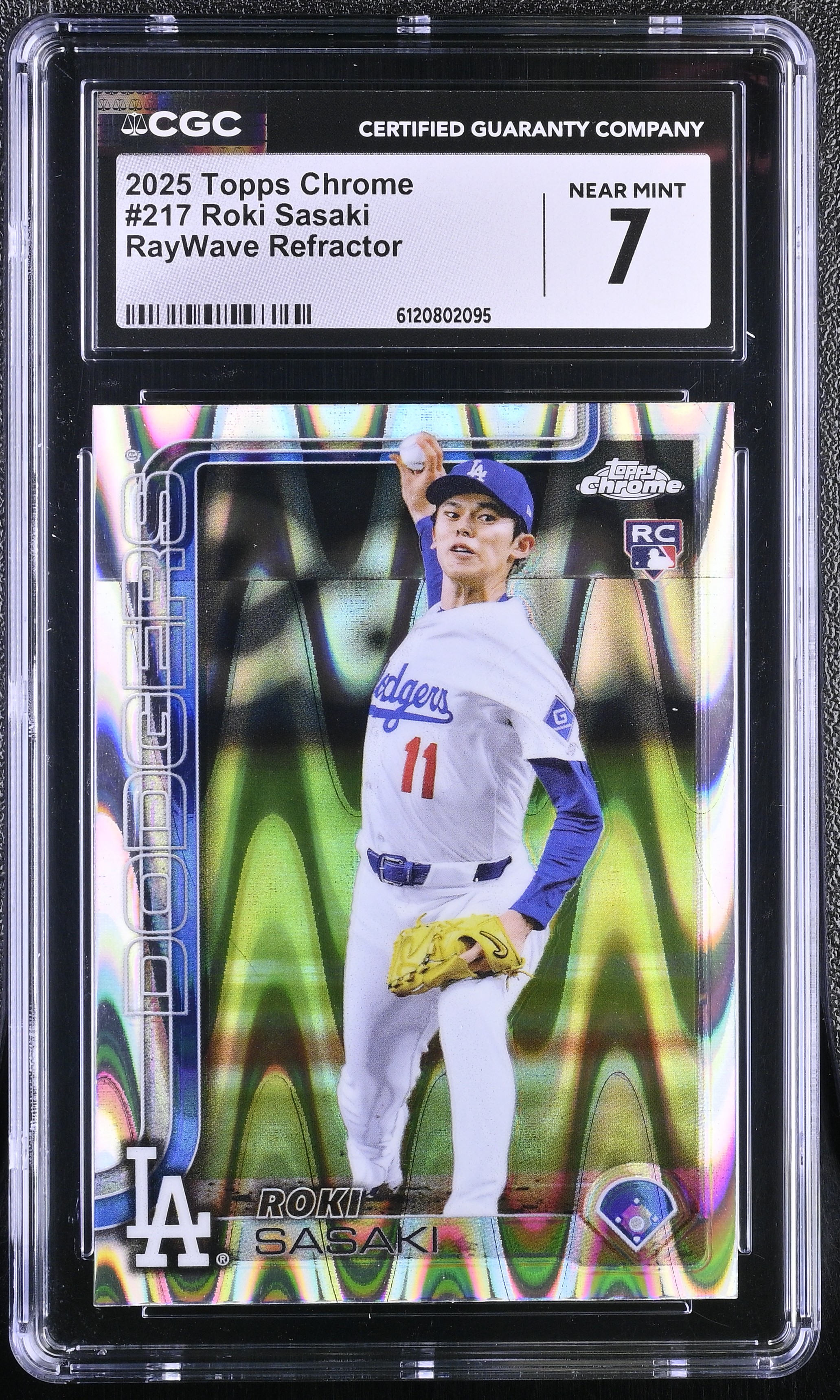 Roki Sasaki 2025 Topps Chrome RayWave Refractor #217 RC (CGC 7) at PristineAuction.com Roki Sasaki 2025 Topps Chrome RayWave Refractor #217 RC (CGC 7) at PristineAuction.com