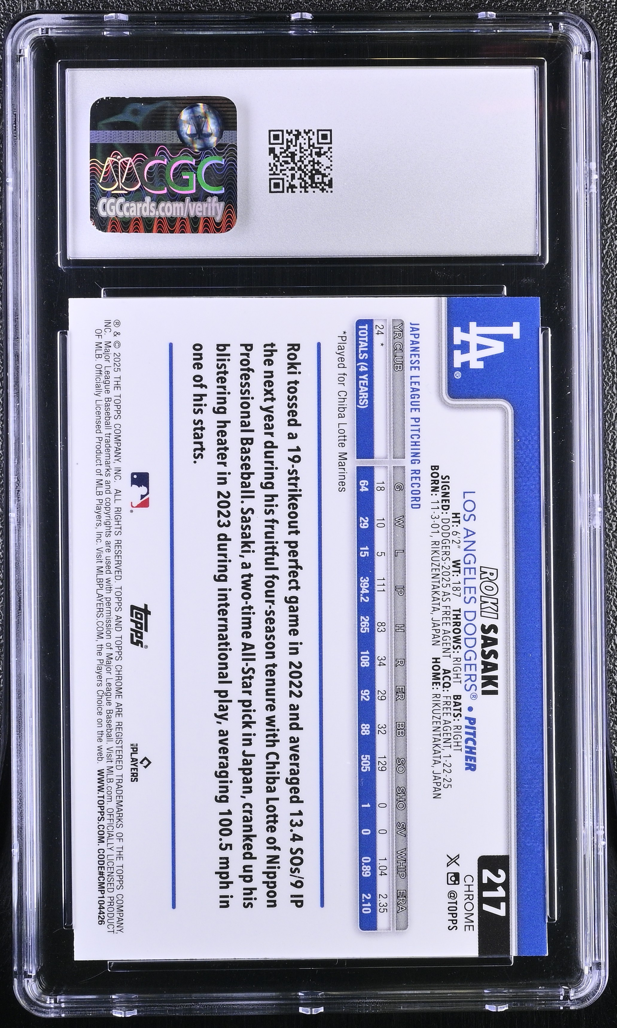 Roki Sasaki 2025 Topps Chrome RayWave Refractor #217 RC (CGC 7) at PristineAuction.com Roki Sasaki 2025 Topps Chrome RayWave Refractor #217 RC (CGC 7) at PristineAuction.com