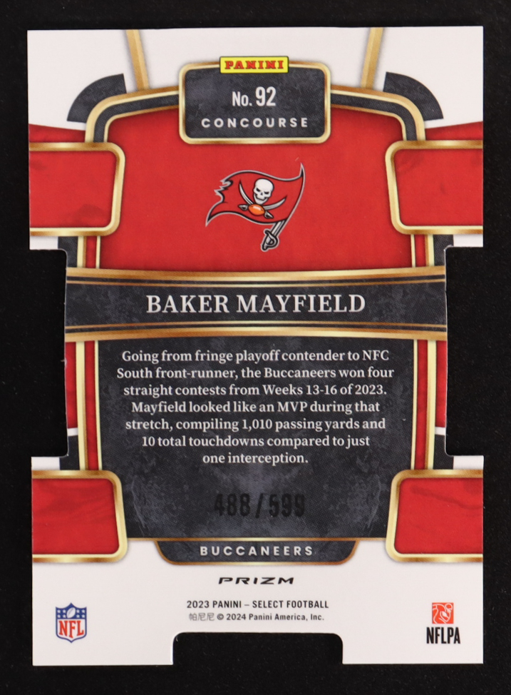 Baker Mayfield 2023 Select Prizm Neon Green Die Cut #92 #488/599 at PristineAuction.com Baker Mayfield 2023 Select Prizm Neon Green Die Cut #92 #488/599 at PristineAuction.com