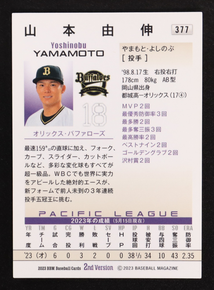 Yoshinobu Yamamoto 2023 BBM 2nd Version #377 RC at PristineAuction.com Yoshinobu Yamamoto 2023 BBM 2nd Version #377 RC at PristineAuction.com