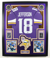 Justin Jefferson Signed Custom Framed Vikings Nike Authentic Jersey Display With (2) 2020 Vikings Rookie Cards (PSA 10) (Fanatics) at PristineAuction.com