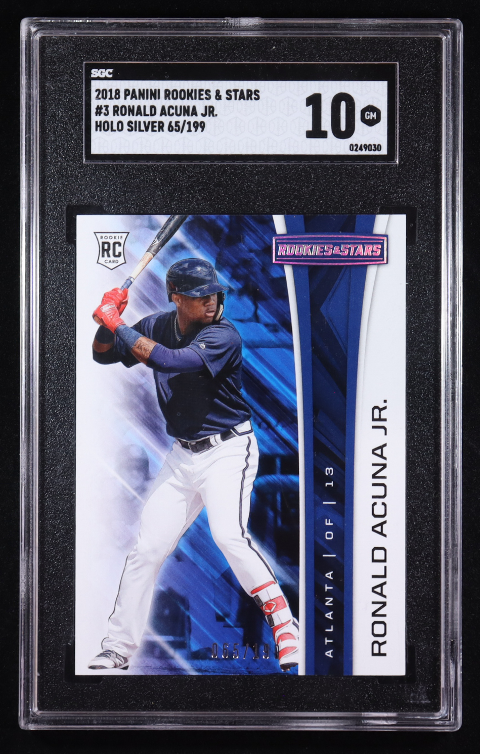 Ronald Acuna Jr. 2018 Panini Rookies & Stars Silver Holo #3 RC #65/199 (SGC 9.5) at PristineAuction.com Ronald Acuna Jr. 2018 Panini Rookies & Stars Silver Holo #3 RC #65/199 (SGC 9.5) at PristineAuction.com