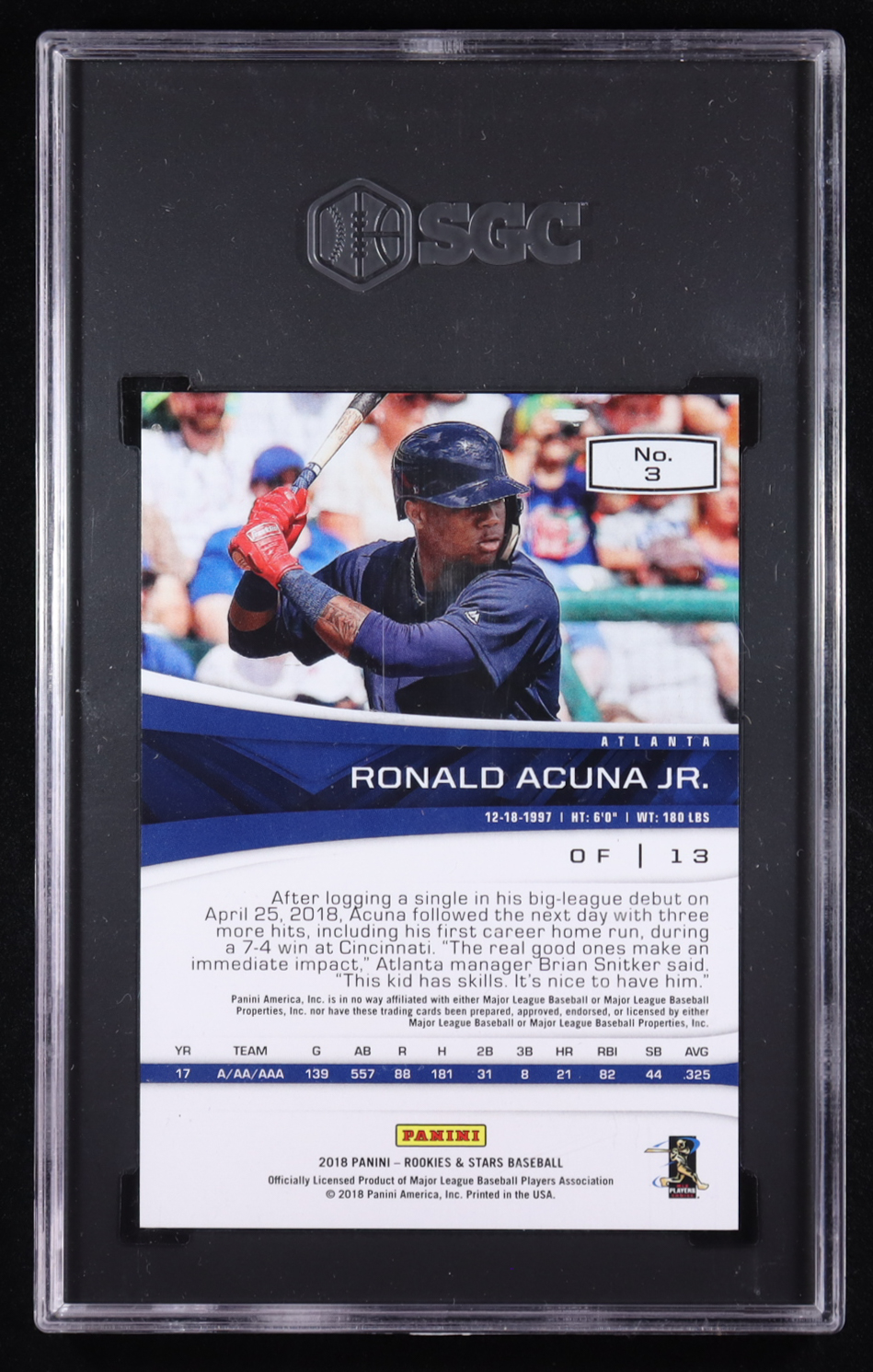 Ronald Acuna Jr. 2018 Panini Rookies & Stars Silver Holo #3 RC #65/199 (SGC 9.5) at PristineAuction.com Ronald Acuna Jr. 2018 Panini Rookies & Stars Silver Holo #3 RC #65/199 (SGC 9.5) at PristineAuction.com