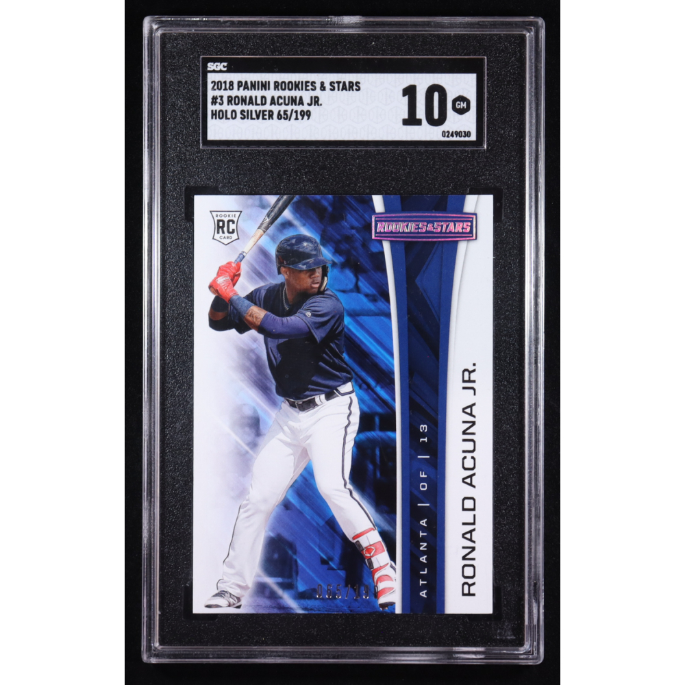 Ronald Acuna Jr. 2018 Panini Rookies & Stars Silver Holo #3 RC #65/199 (SGC 9.5) at PristineAuction.com