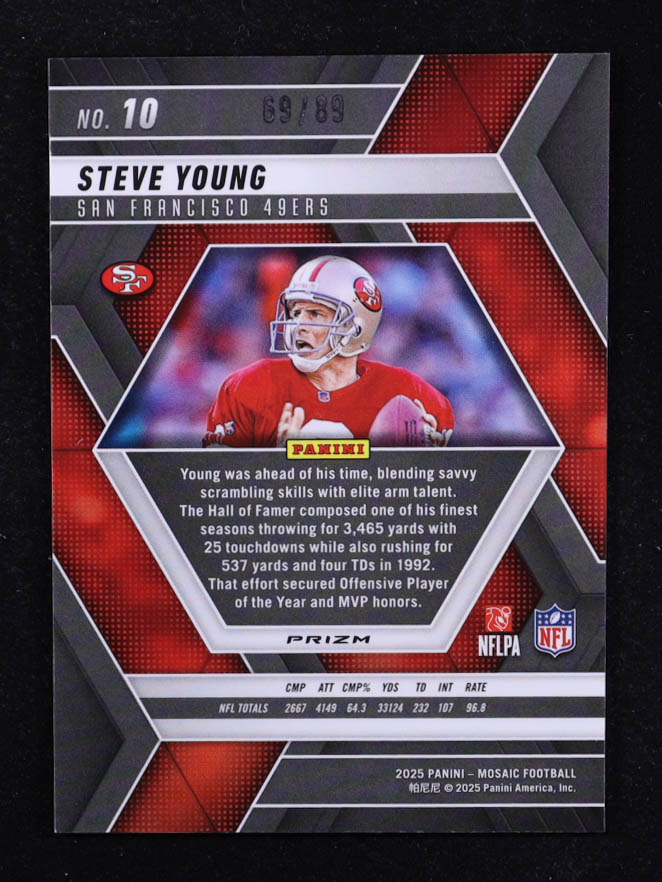 Steve Young 2025 Panini Mosaic Mosaic Choice Fusion Red and Yellow #10 #69/89 at PristineAuction.com Steve Young 2025 Panini Mosaic Mosaic Choice Fusion Red and Yellow #10 #69/89 at PristineAuction.com