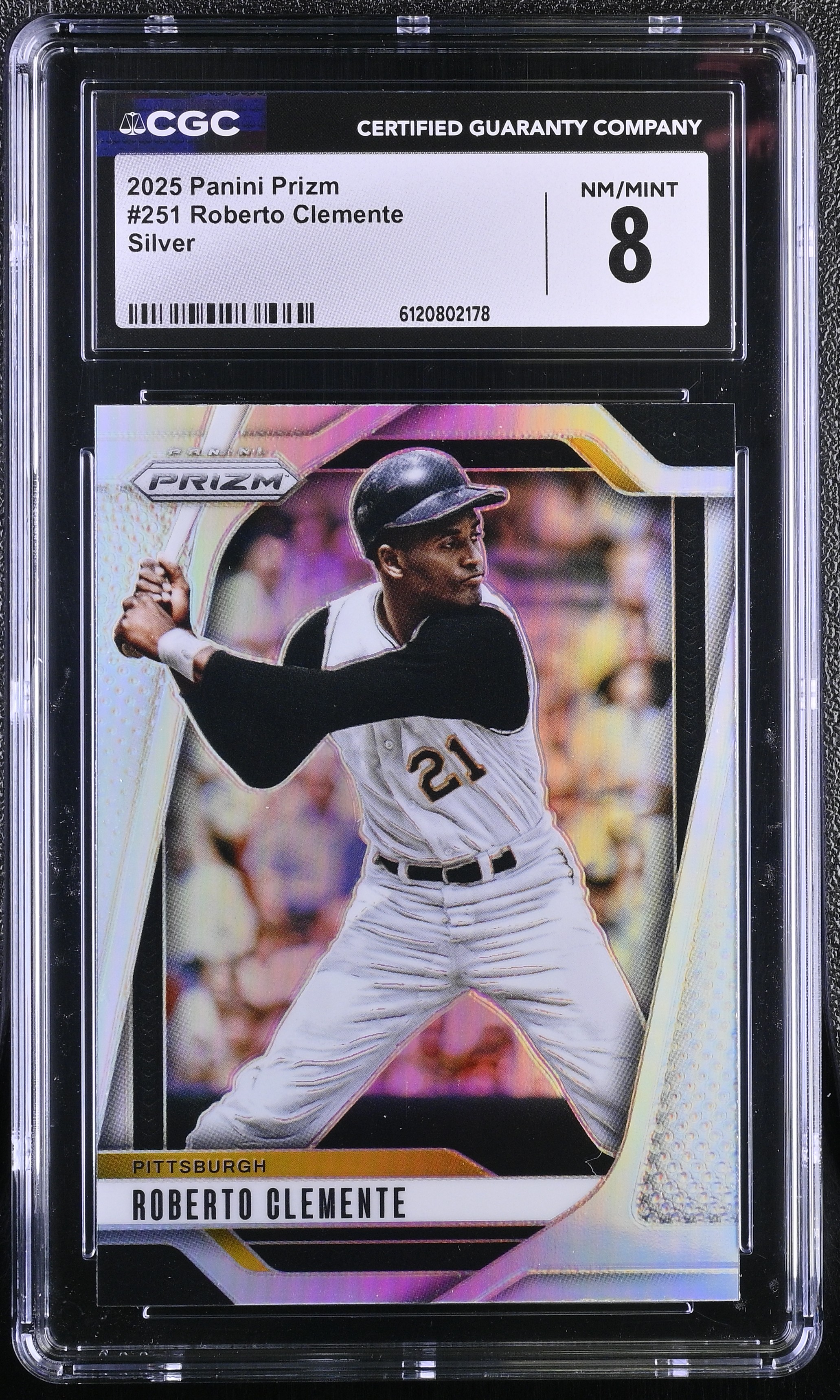 Roberto Clemente 2025 Panini Prizm Prizms Silver #251 (CGC 8) at PristineAuction.com Roberto Clemente 2025 Panini Prizm Prizms Silver #251 (CGC 8) at PristineAuction.com