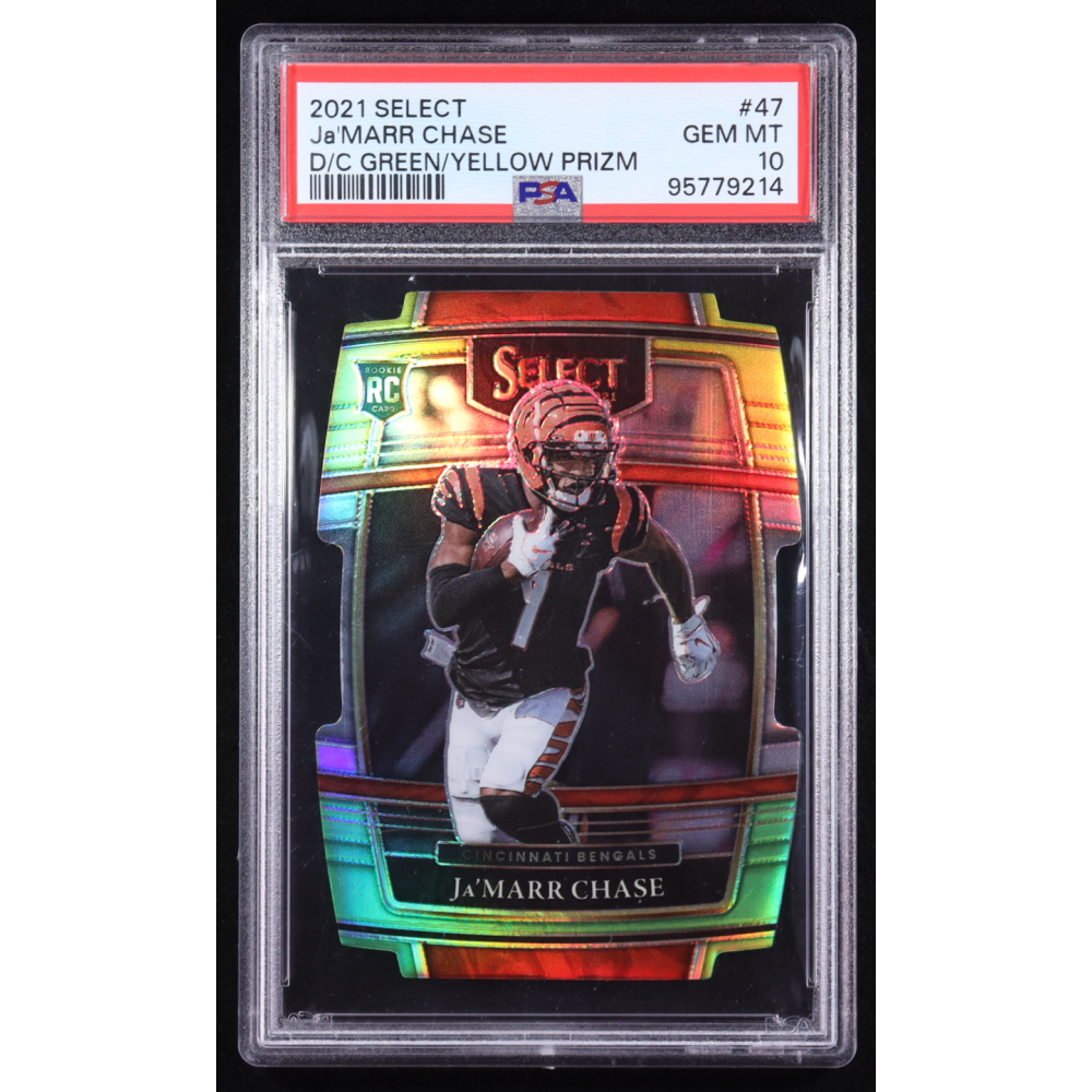 Ja'Marr Chase 2021 Panini Select Concourse Die-Cut Green & Yellow Prizm #47 RC (PSA 10) at PristineAuction.com