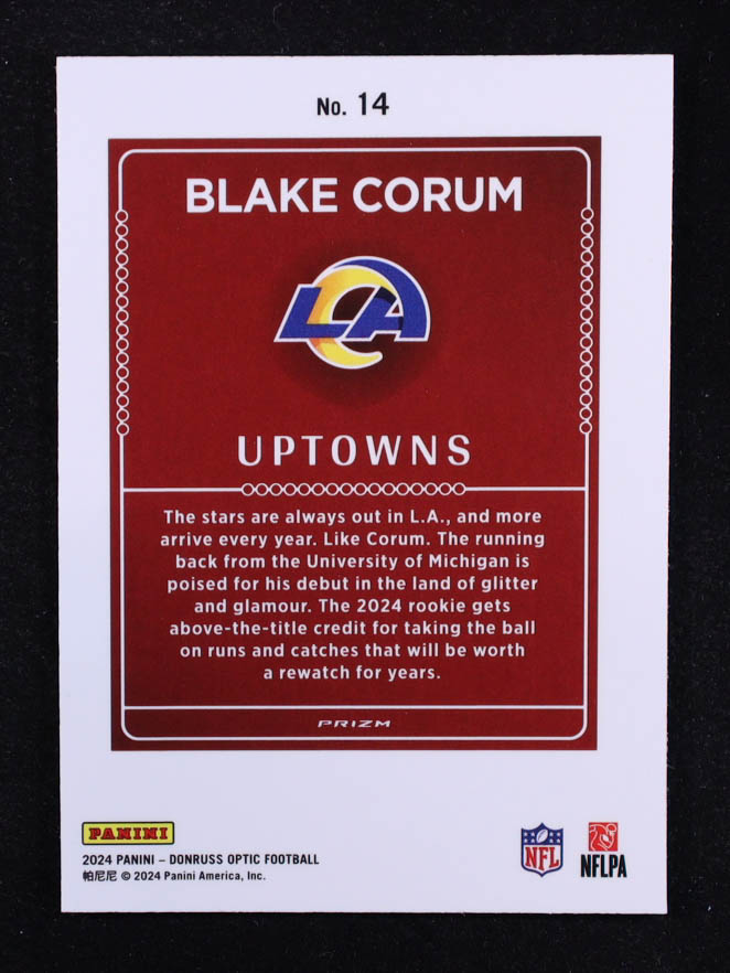 Blake Corum 2024 Donruss Optic Uptowns #14 RC at PristineAuction.com Blake Corum 2024 Donruss Optic Uptowns #14 RC at PristineAuction.com