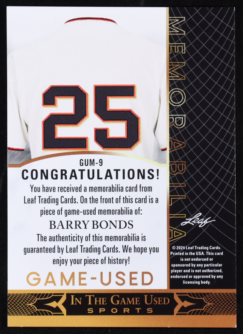 Barry Bonds 2024 ITG Used Sports Game Used Memorabilia Gold #GUM9 at PristineAuction.com Barry Bonds 2024 ITG Used Sports Game Used Memorabilia Gold #GUM9 at PristineAuction.com