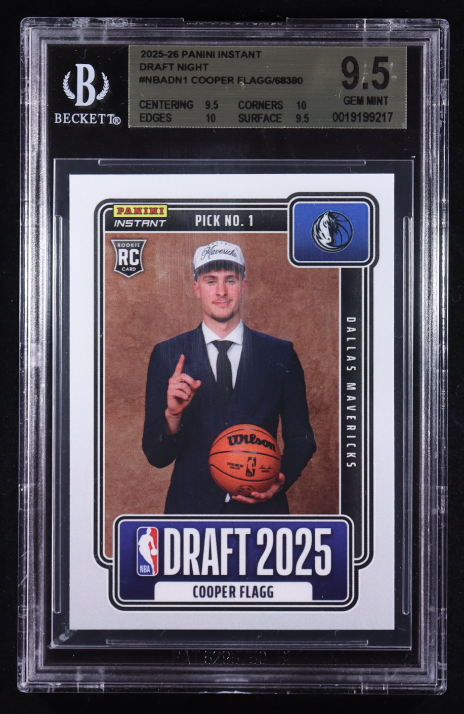 Cooper Flagg 2025-26 Panini Instant Draft Night #NBADN-1 RC #1/68380 (BGS 9.5) at PristineAuction.com Cooper Flagg 2025-26 Panini Instant Draft Night #NBADN-1 RC #1/68380 (BGS 9.5) at PristineAuction.com