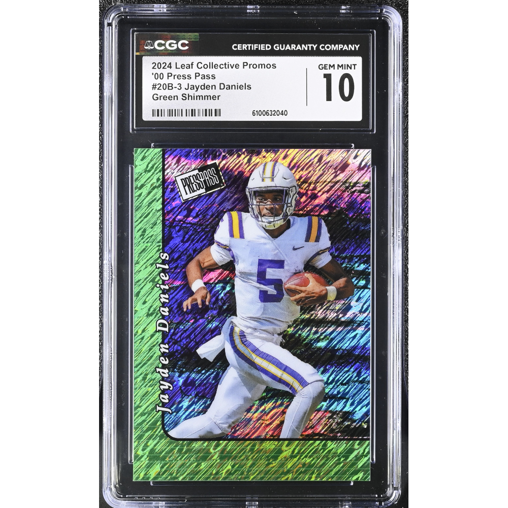Jayden Daniels 2024 Leaf Collective Promos '00 Press Pass Green Shimmer #20B-3 RC #5/50 (CGC 10) at PristineAuction.com