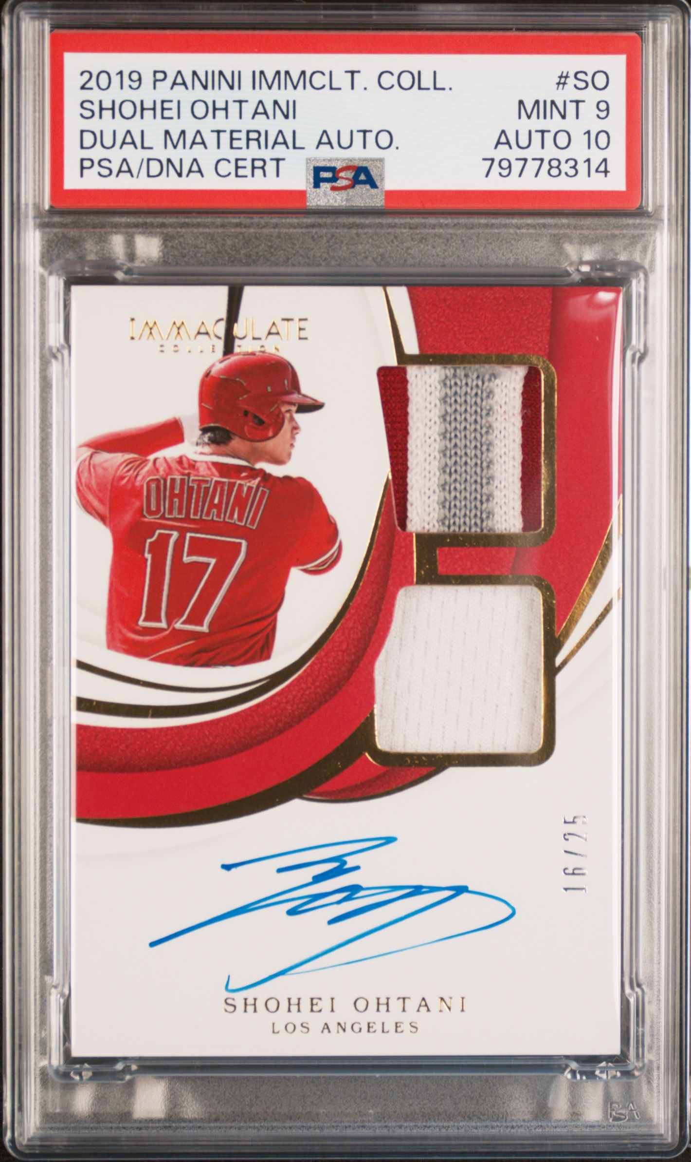Shohei Ohtani 2019 Panini Immaculate Collection Dual Material Auto #SO #16/25 (PSA 9 | Autograph Graded PSA 10) at PristineAuction.com Shohei Ohtani 2019 Panini Immaculate Collection Dual Material Auto #SO #16/25 (PSA 9 | Autograph Graded PSA 10) at PristineAuction.com