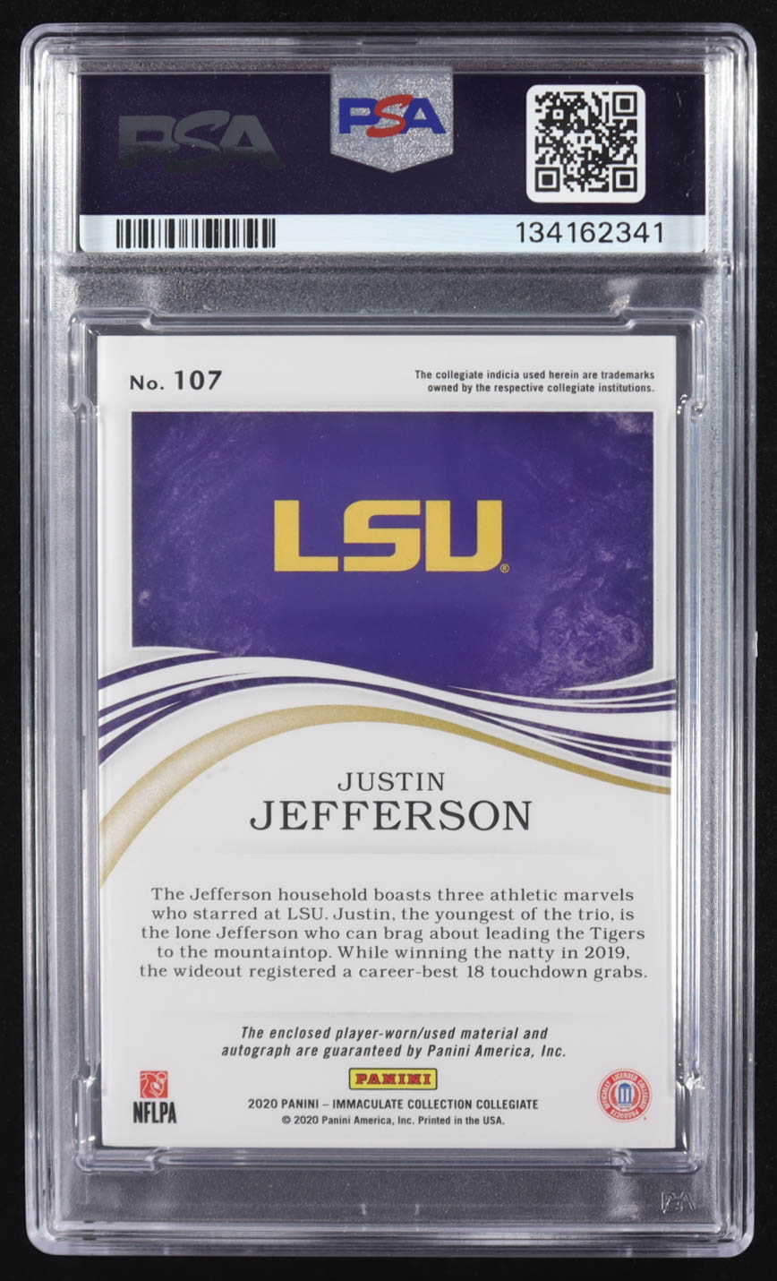 Justin Jefferson 2020 Panini Immaculate Collection Collegiate Patch Autograph #107 RC #92/99 (PSA | Autograph Graded PSA 10) at PristineAuction.com Justin Jefferson 2020 Panini Immaculate Collection Collegiate Patch Autograph #107 RC #92/99 (PSA | Autograph Graded PSA 10) at PristineAuction.com