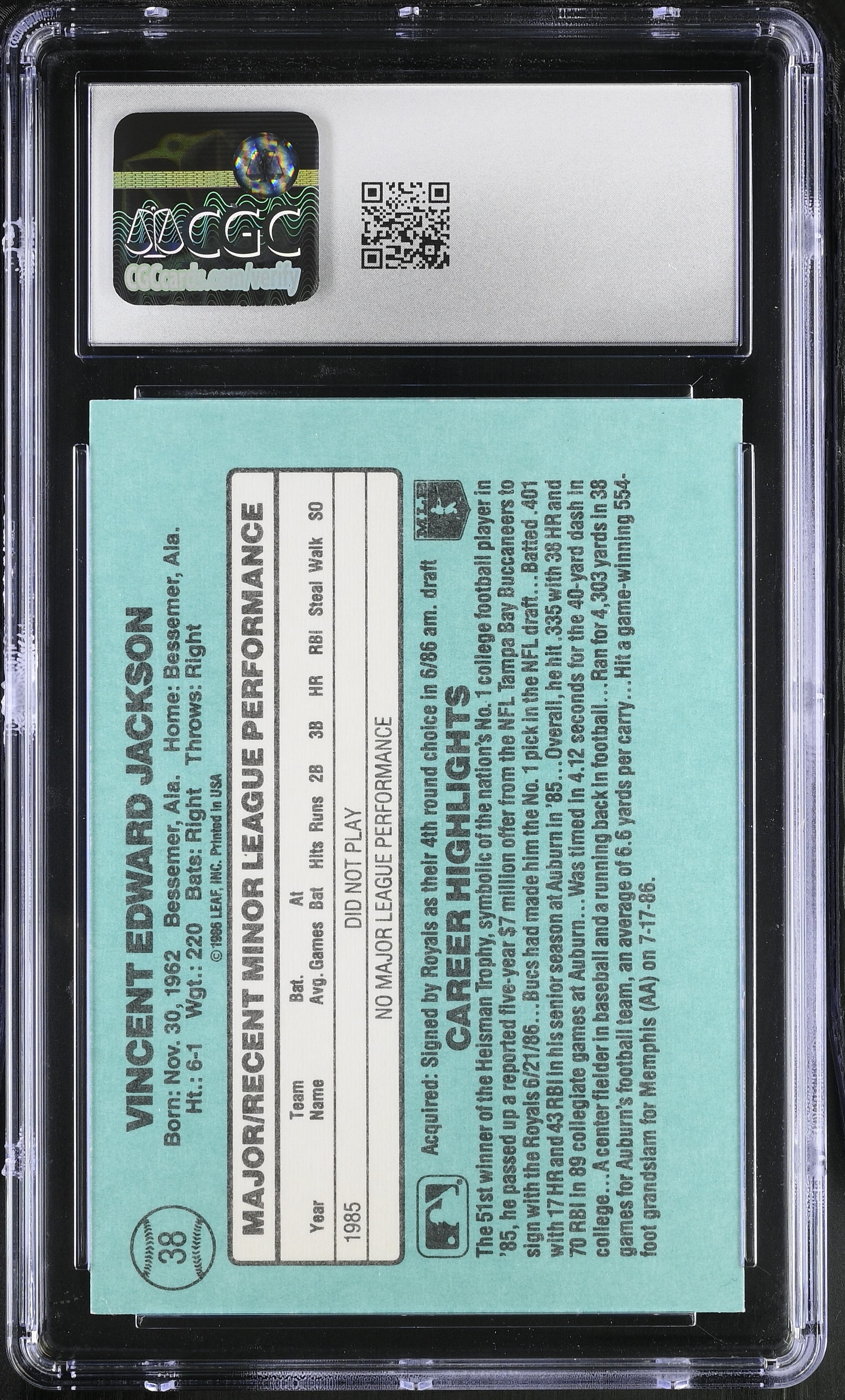 Bo Jackson 1986 Donruss Rookies #38 XRC RC (CGC 8) at PristineAuction.com Bo Jackson 1986 Donruss Rookies #38 XRC RC (CGC 8) at PristineAuction.com