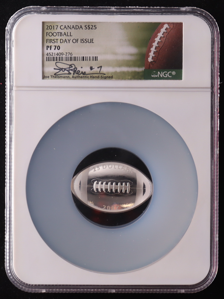 2017 Canada $25 FDOI Football 1 Ounce .9999 Fine Silver Coin - Joe Theismann Autograph - Limited Mintage 8,500 (NGC PF 70) at PristineAuction.com 2017 Canada $25 FDOI Football 1 Ounce .9999 Fine Silver Coin - Joe Theismann Autograph - Limited Mintage 8,500 (NGC PF 70) at PristineAuction.com