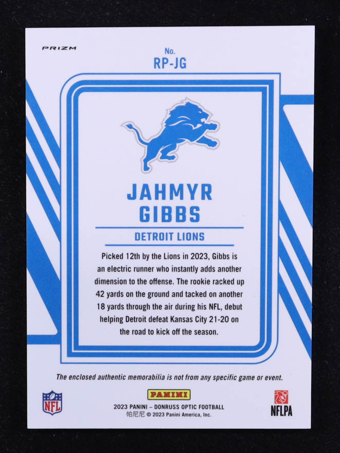 Jahmyr Gibbs 2023 Donruss Optic Rookie Phenoms Jerseys Blue Hyper #14 RC at PristineAuction.com Jahmyr Gibbs 2023 Donruss Optic Rookie Phenoms Jerseys Blue Hyper #14 RC at PristineAuction.com