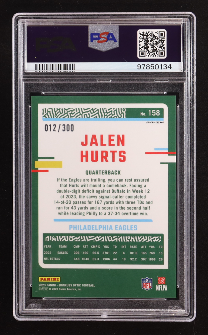 Jalen Hurts 2023 Donruss Optic Wave #158 #012/300 (PSA 10) at PristineAuction.com Jalen Hurts 2023 Donruss Optic Wave #158 #012/300 (PSA 10) at PristineAuction.com