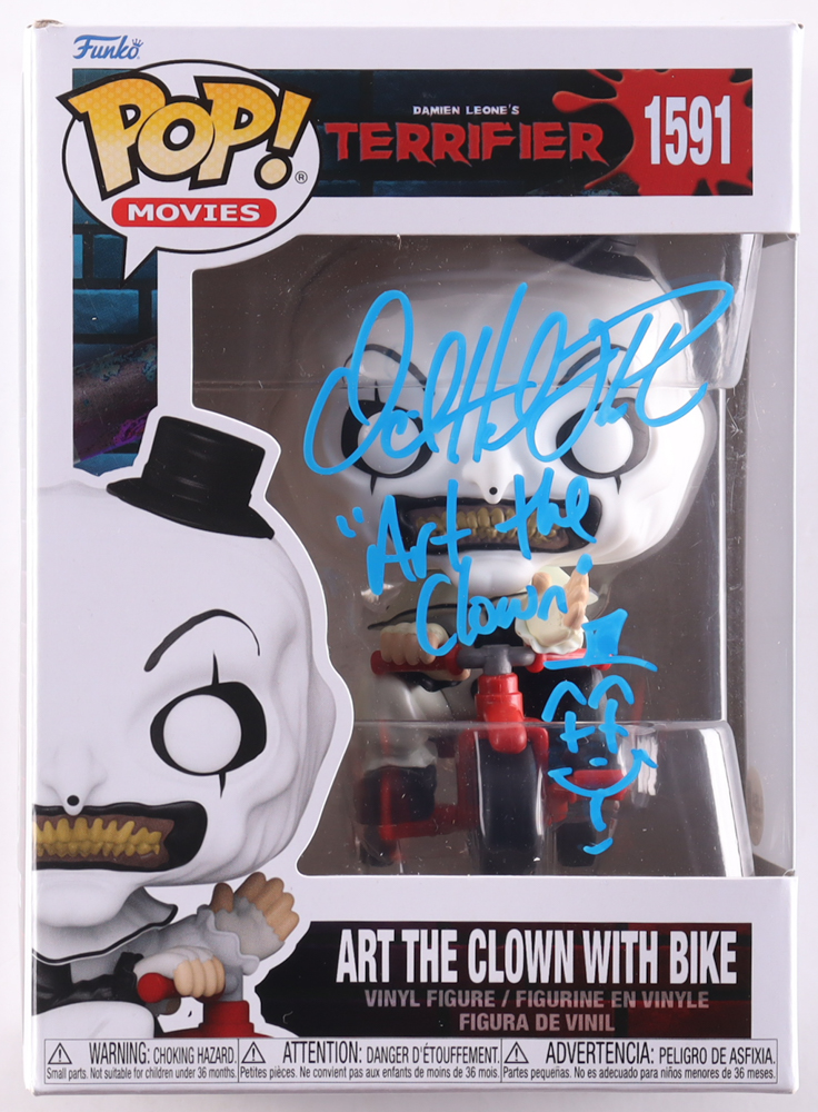 David Howard Thornton Signed "Terrifier" #1591 Art The Clown with Bike Funko Pop! Vinyl Figure Inscribed "Art The Clown" (JSA) at PristineAuction.com David Howard Thornton Signed "Terrifier" #1591 Art The Clown with Bike Funko Pop! Vinyl Figure Inscribed "Art The Clown" (JSA) at PristineAuction.com