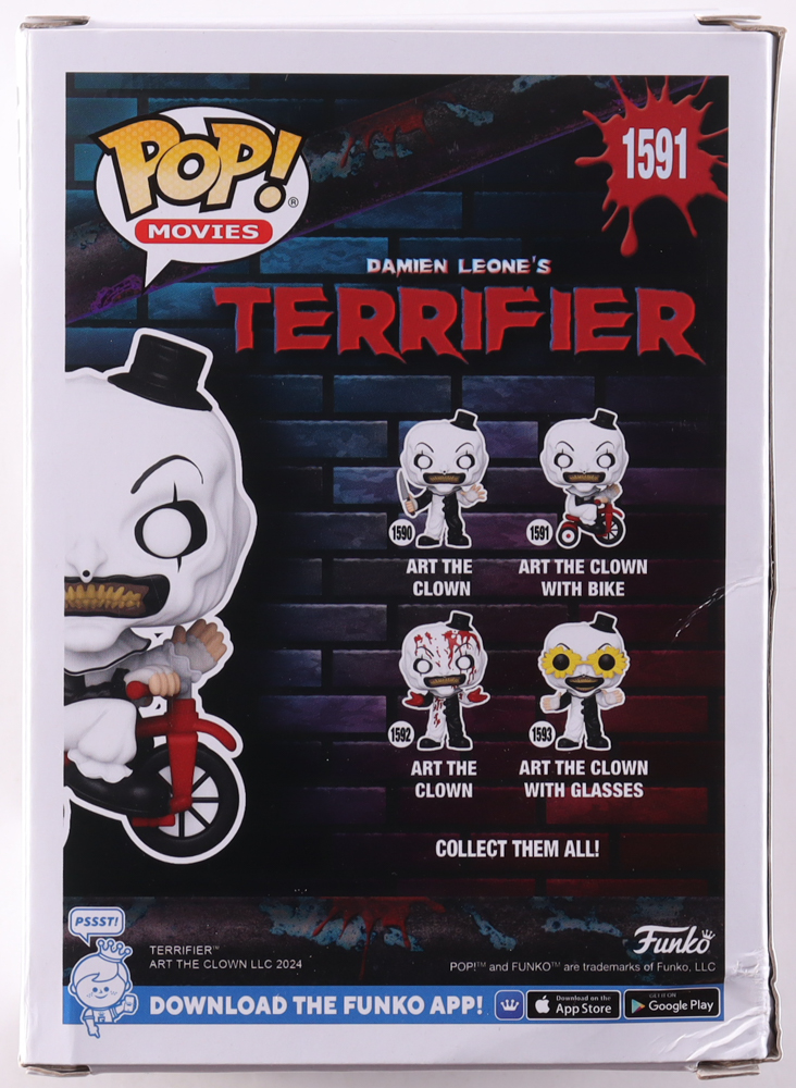 David Howard Thornton Signed "Terrifier" #1591 Art The Clown with Bike Funko Pop! Vinyl Figure Inscribed "Art The Clown" (JSA) at PristineAuction.com David Howard Thornton Signed "Terrifier" #1591 Art The Clown with Bike Funko Pop! Vinyl Figure Inscribed "Art The Clown" (JSA) at PristineAuction.com