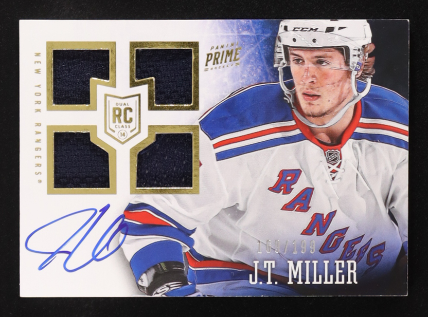 J.T. Miller 2013-14 Panini Prime #129 Jersey Autograph RC #169/199 at PristineAuction.com J.T. Miller 2013-14 Panini Prime #129 Jersey Autograph RC #169/199 at PristineAuction.com