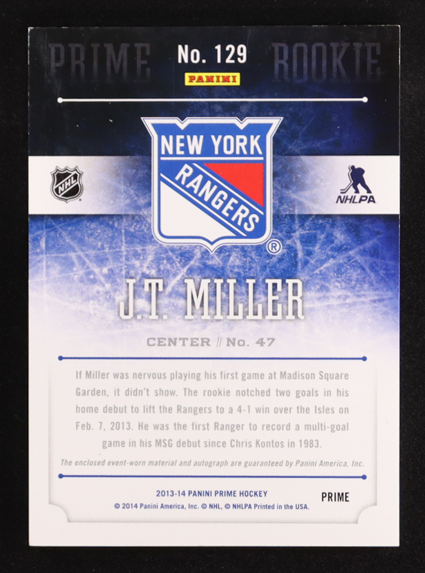 J.T. Miller 2013-14 Panini Prime #129 Jersey Autograph RC #169/199 at PristineAuction.com J.T. Miller 2013-14 Panini Prime #129 Jersey Autograph RC #169/199 at PristineAuction.com