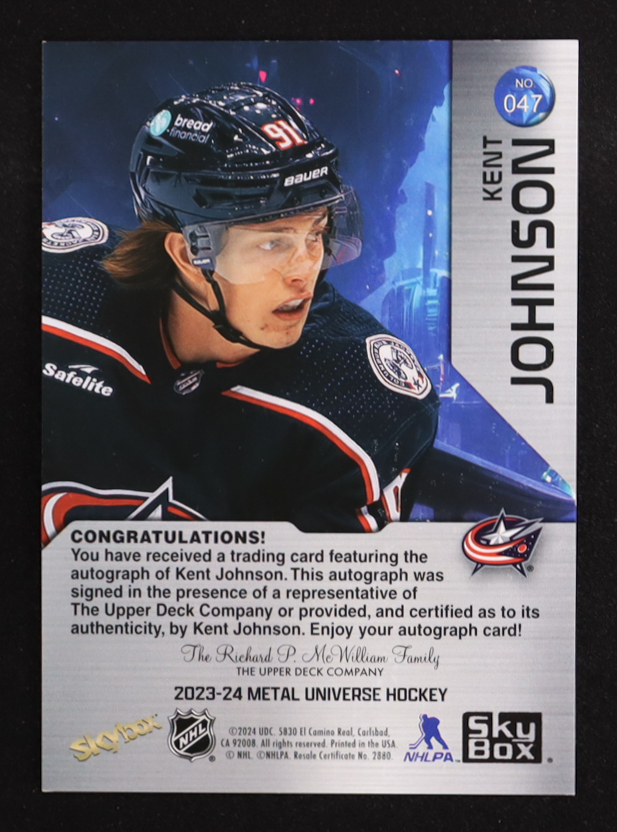 Kent Johnson 2023-24 Metal Universe Autographs Silver #47 at PristineAuction.com Kent Johnson 2023-24 Metal Universe Autographs Silver #47 at PristineAuction.com