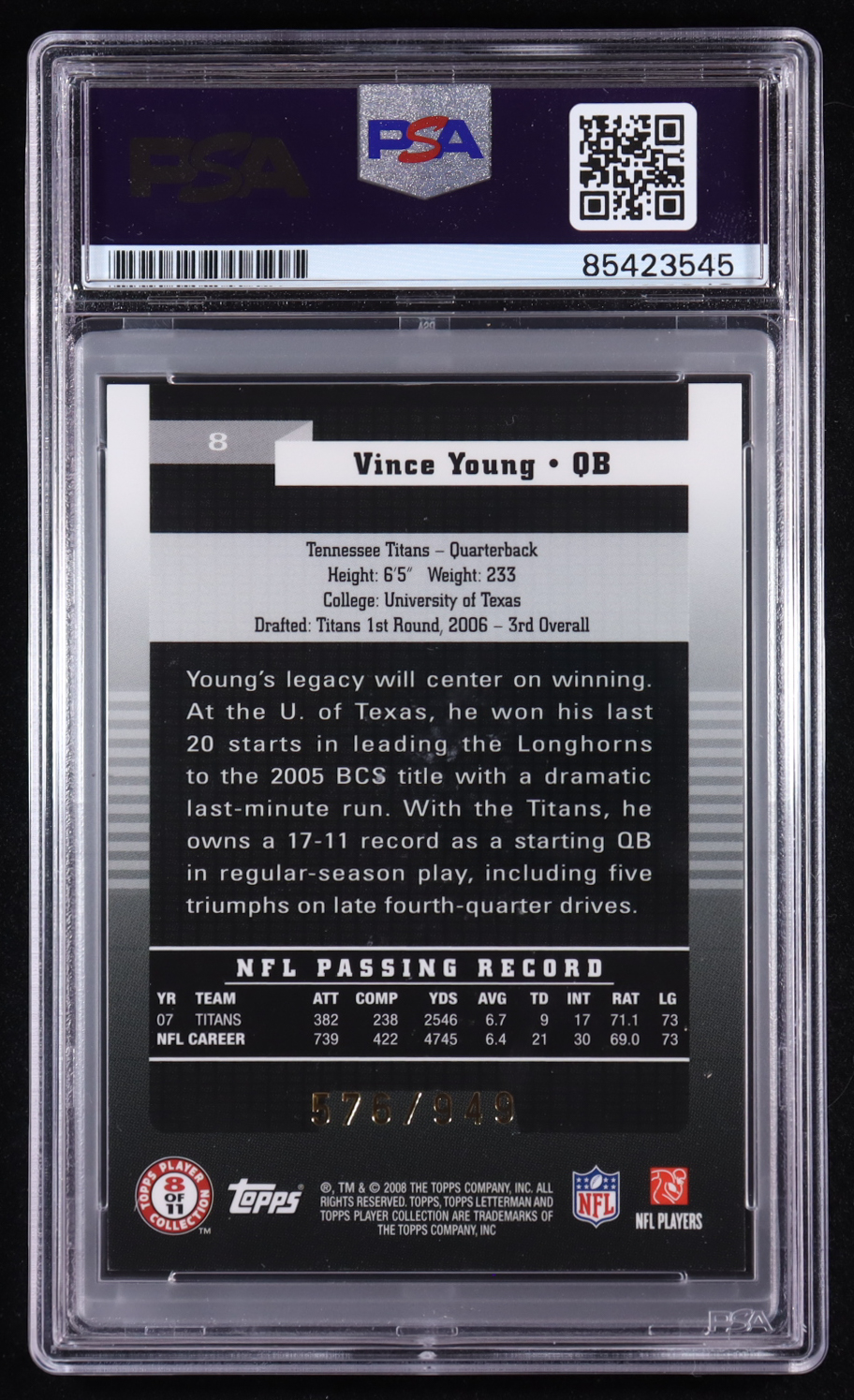 Vince Young Signed 2008 Topps Chrome #8 #576/949 (PSA) at PristineAuction.com Vince Young Signed 2008 Topps Chrome #8 #576/949 (PSA) at PristineAuction.com